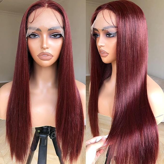 26-32 inch hand woven black long straight hair wig with lace front, elegant long straight hair, chemical fiber wig (burgundy, 28inch)