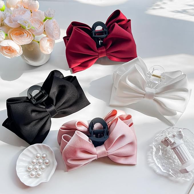 Bow Claw Clip,StrongHold Cute Bow Hair Claw Clips for Women Girls,Nonslip Silky Big Hair Bows Ribbons for Hair Claws,Large Claw Clips for Thick/Thin Hair Styling Accessories Gifts (red,pink)