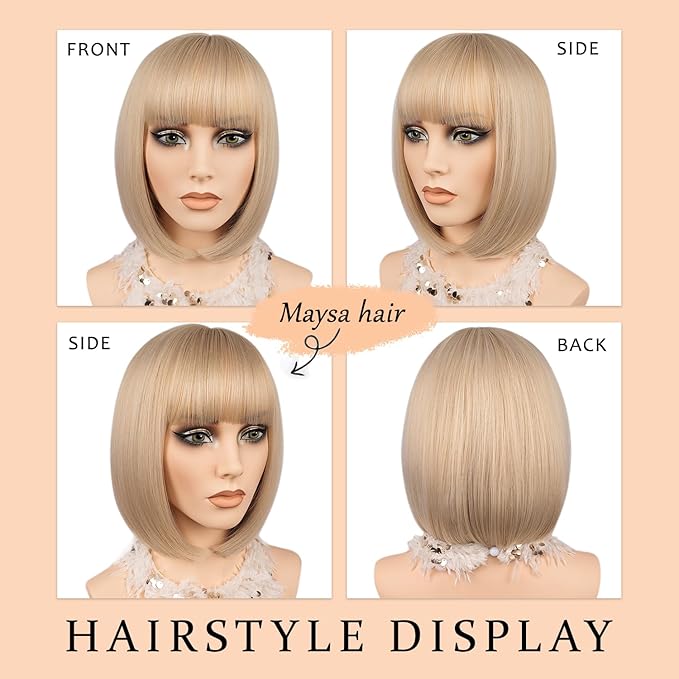 MAYSA Blonde Bob Wig with Bangs for Women, Short Straight Bob Wigs, Synthetic Natural Looking Daily Party Wigs # Gloden Blonde mix Platinum Blonde