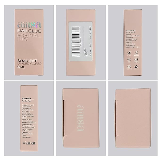 AILLSA Gel Nail Glue for Acrylic Nails, 4 in 1 Nails Gel Glue for Fake Nail Tips,15ML High Capacity Long Lasting Brush On Nail Glues for Rhinestone Pearl Foil, (U V Lamp Curing Needed)