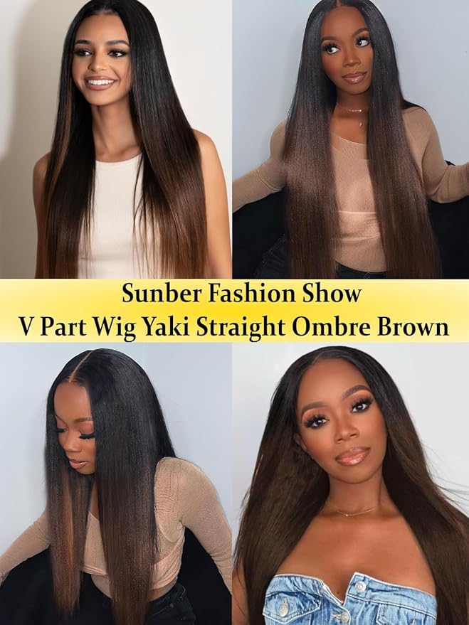 Sunber Ombre Chestnut Yaki Straight V Part Human Hair Glueless Wig Upgrade U Part Wig No Leave Out Vpart light yaki straight Machine Made Clip In Half Wigs No Leave Out Real Scalp V Shape 24Inch