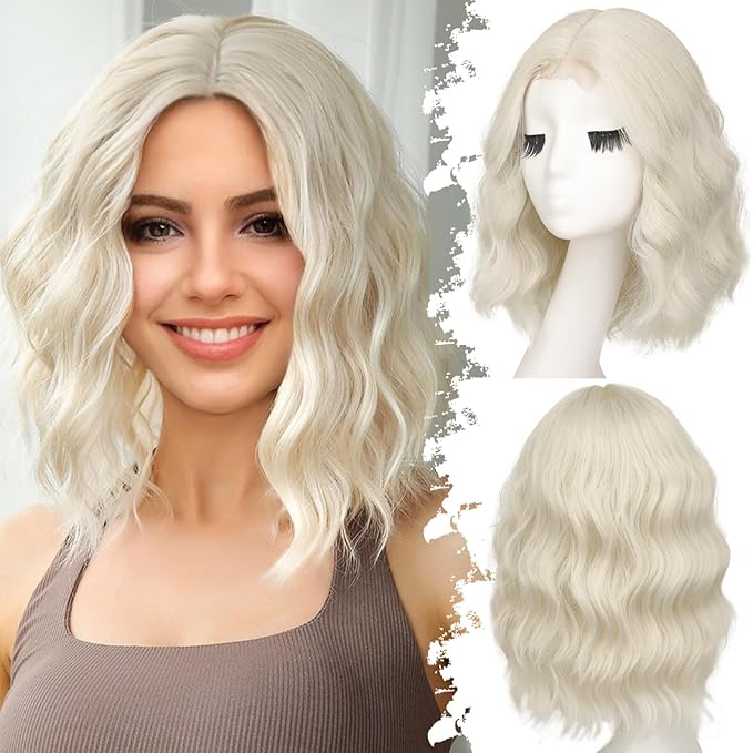 Platinum Blonde Short Wavy Wig for Women Lace Hairline Bob Style Synthetic Heat Resistant - Natural Appearance for Everyday Hairstyle 14 Inch