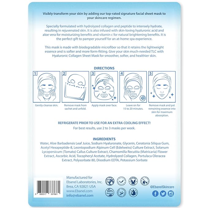 Ebanel 20 Pack Collagen Face Mask with Hyaluronic Acid, Vitamin C, Peptide, Aloe, Instant Brightening Hydrating Face Masks Skincare Korean Sheet Mask, Skin Firming, Lifting Anti Aging Facial Masks