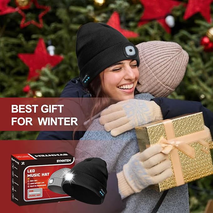 Gifts for Men, Rechargeable Bluetooth Music Unisex Beanie Hat with Light, Stocking Stuffers for Women, Birthday Gifts for Men, for Him, Black