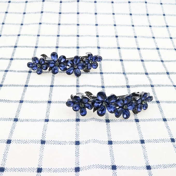2PCS Exquisite Sparkling Rhinestone 4 Flower Hair Clips, Non-Slip Alloy Hair Accessories for Women & Girls, Ideal for Party, Wedding & Daily Wear (Dark Blue)