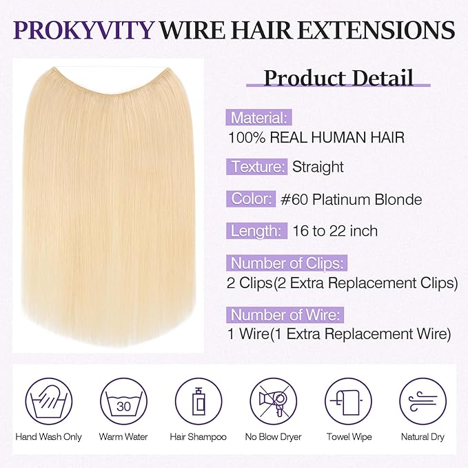 Halo Hair Extensions Real Human Hair,Halo Hair Extension 100% Human Hair, Wire Hair Extensions,Straight 60 Platinum Blonde, 20inch/70g
