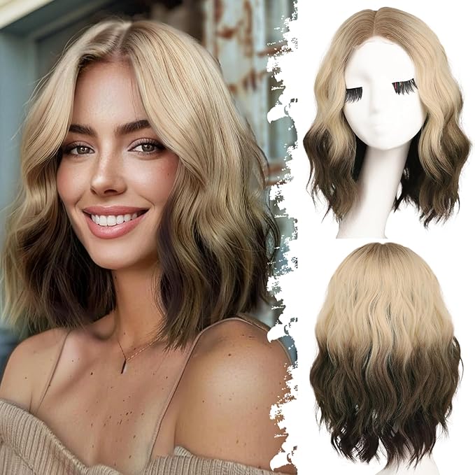 Ombre Blonde To Dark Brown Short Wavy Wig for Women Lace Hairline Bob Style Synthetic Heat Resistant - Natural Appearance for Everyday Hairstyle 14 Inch