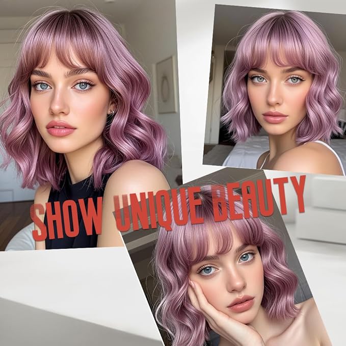 WAVE&BREEZE Short Purple Wigs with Bangs 14Inch Wavy Curly Bob Hair Wig for Women Shoulder Length Natural Looking Hair Replacement Wig for Daily Party Cosplay Costume Halloween