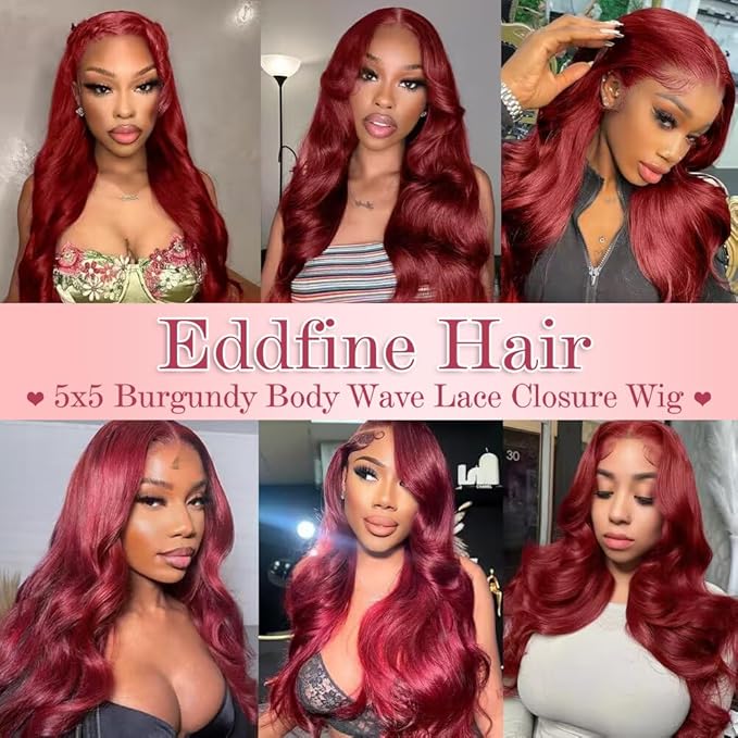 99J Burgundy Lace Front Wigs Human Hair 250% Density Body Wave 5x5 HD Lace Closure Wigs Wine Red Glueless Wigs Human Hair Pre Plucked Pre Cut Wig 30 Inch