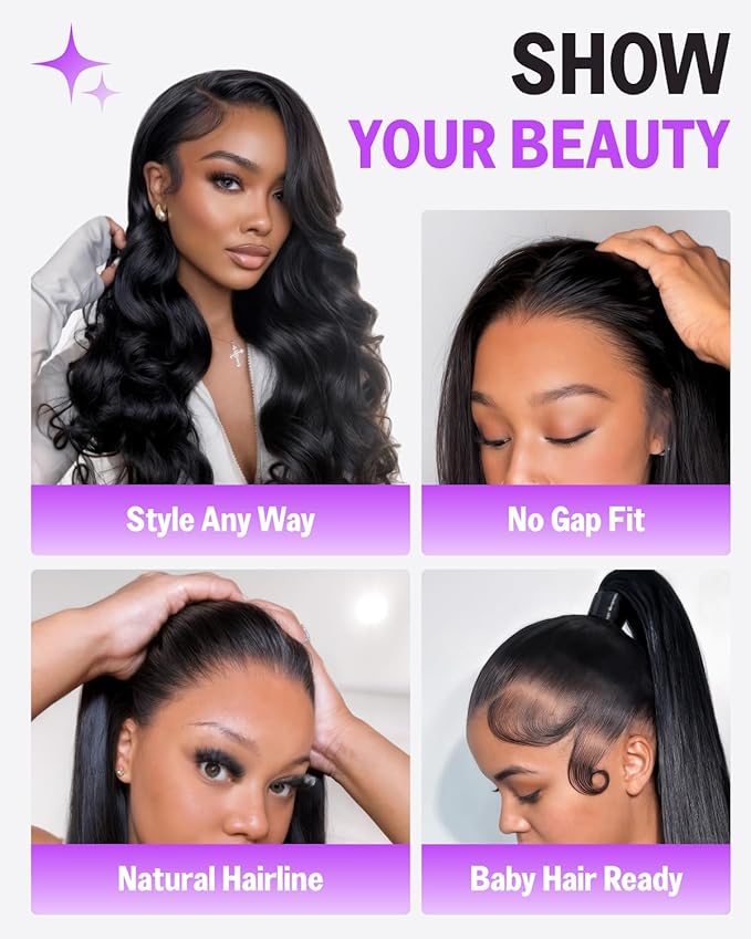 Glueless 13x6 Lace Front Wigs Human Hair Pre Plucked Pre Cut 220% Density Ear-to-Ear Straight Wigs Human Hair with Adjustable Drawstring Natural Black 20 Inch