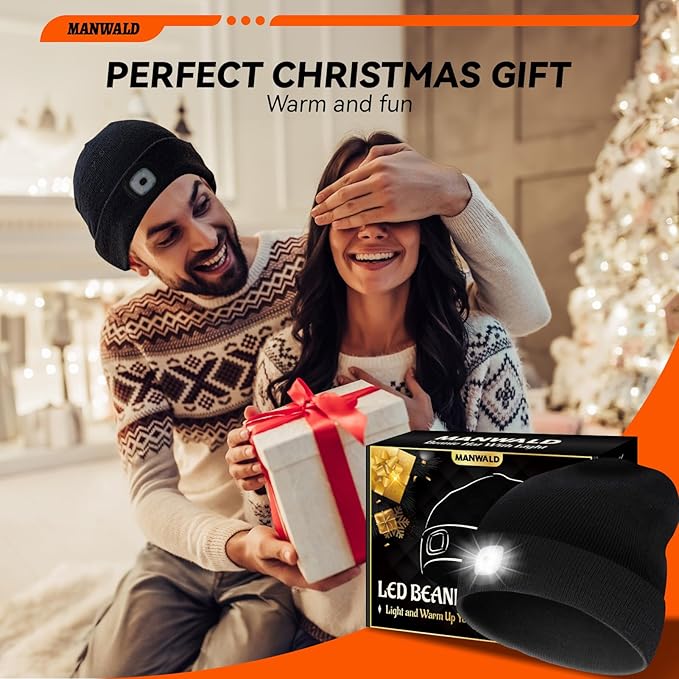 LED Beanie Hat with Light, USB Rechargeable LED Headlamp, Gifts for Men, Christmas Stocking Stuffers for Men Adults, Birthday Gifts for Him Dad Husband, Boyfriends, Black, 2PCS