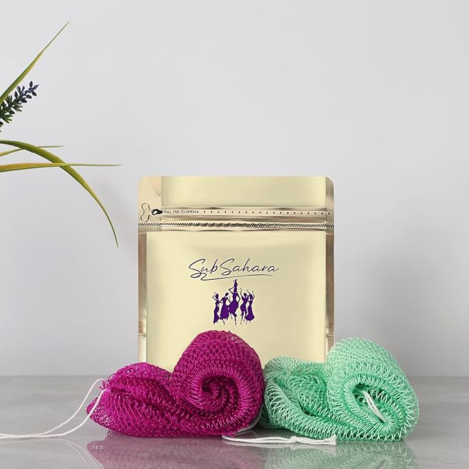 SubSahara African Net Sponge Authentic - 2 Pieces Exfoliating Scrubber for All Skin Types, Ideal for Face & Body Daily Use, Durable, Gentle Exfoliation (Rose Red & Mint Green)