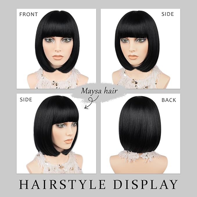 MAYSA Black Bob Wigs with Flat Bangs for Women Short Straight Black Wig Includ Wig Cap Synthetic Daily Party Natural Looking Wigs 12Inch #1B 