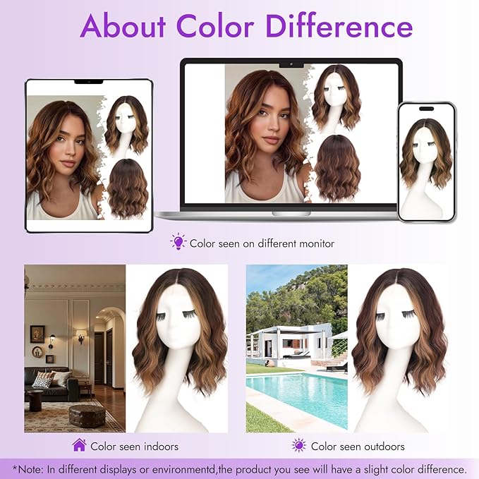 Brown with Caramel Highlights Short Wavy Wig for Women Lace Hairline Bob Style Synthetic Heat Resistant - Natural Appearance for Everyday Hairstyle 14 Inch