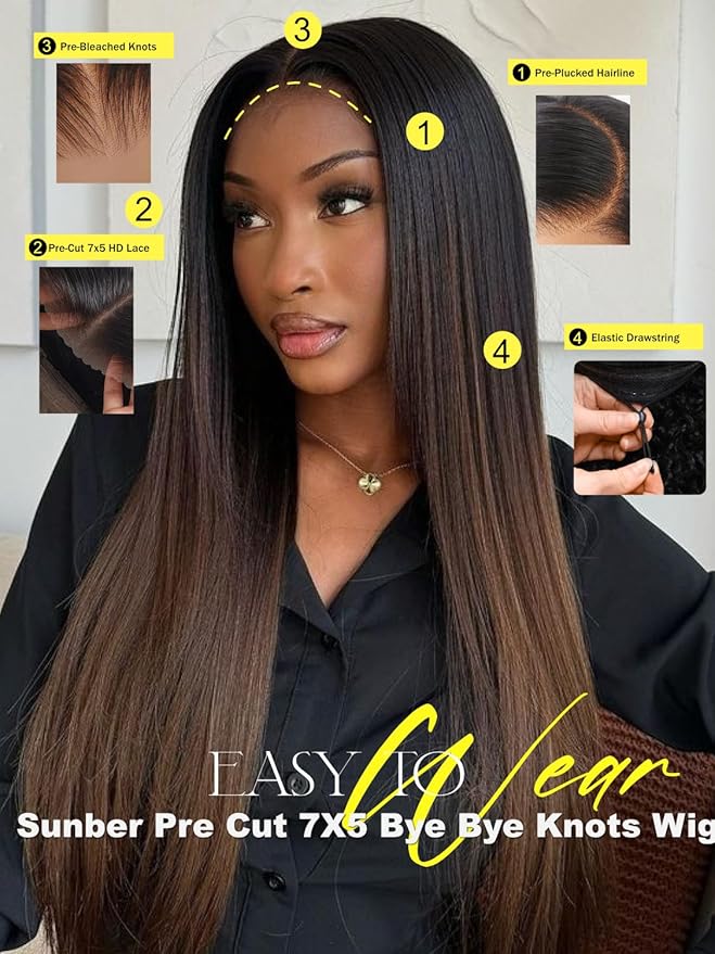 Sunber Yaki Straight Ombre Chestnut Human Hair Wigs with Drawstring Upgrade 3D Cap Put and Go Bye Bye Knots Pre Cut 7x5 HD Lace Front Glueless Yaki Wigs Pre Plucked Invisible Knots 3S Wear 20Inch