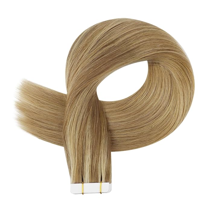 Full Shine Tape in Hair Extensions Human Hair Color 10 Golden Brown and 16 Golden Blonde to 16 Blonde Remy Seamless Tape in Extensions 18 Inch Hair Extensions Real Human Hair 50 Grams 20 PCS