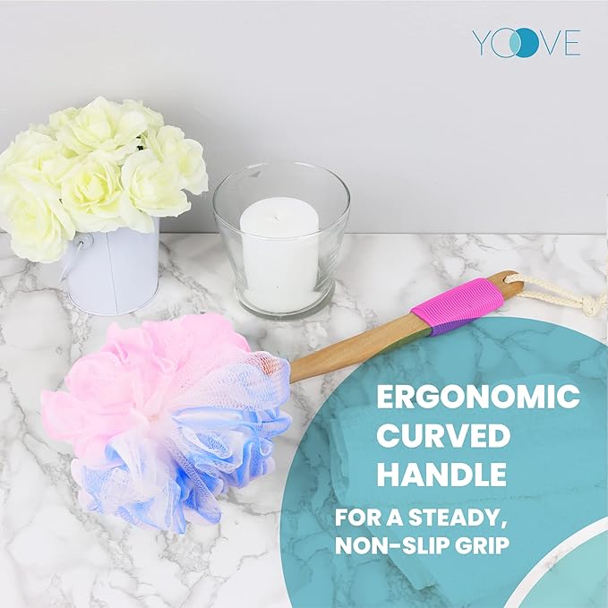 Yoove Loofah Back Scrubber w/Bamboo Charcoal Fiber Infused Bath Sponge, Wooden Handle, Luffa Pouf, Sponge Stick & Hanging Hook for Men & Women, Pink Loofah w/Handle, Loofa, Lufa Body Scrubber Stick