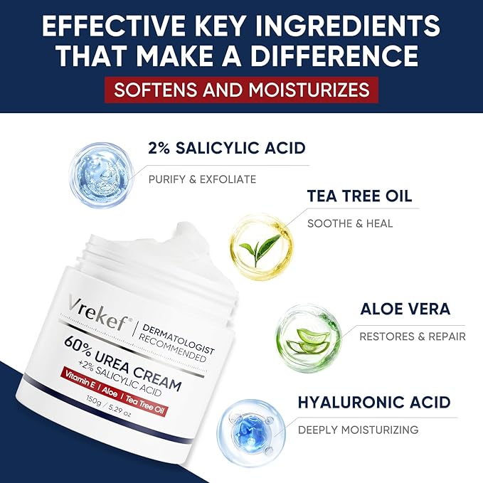 Urea Cream 60 Percent for Feet Maximum Strength, Urea Cream 60% Plus Salicylic Acid 2%, Foot & Hand Cream for Dry Cracked