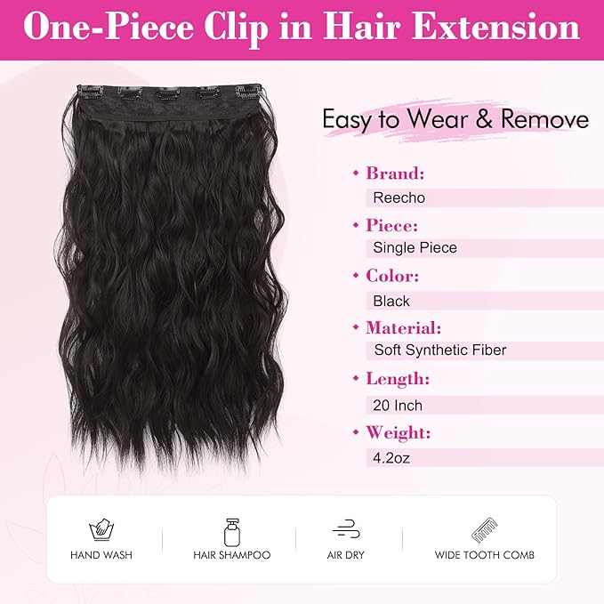REECHO Black Hair Extensions, 20” Single Piece Clip in Hair Extensions Thick Long Beach Wavy Natural Soft Synthetic Hairpieces for Women, Natural Black