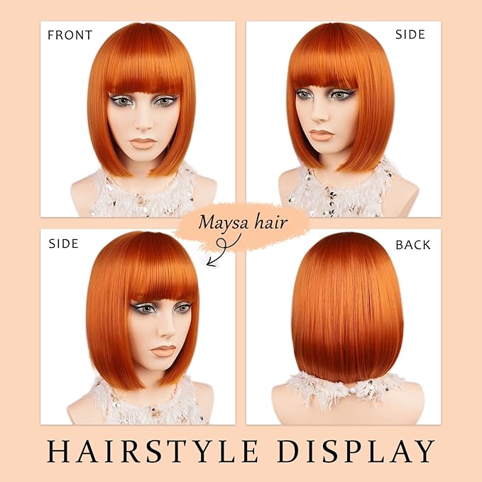 MAYSA Ginger Bob Wig with Bangs for White Women Short Blonde Bob Wig 12in Synthetic Daily Party Natural Looking Wigs # Ginger