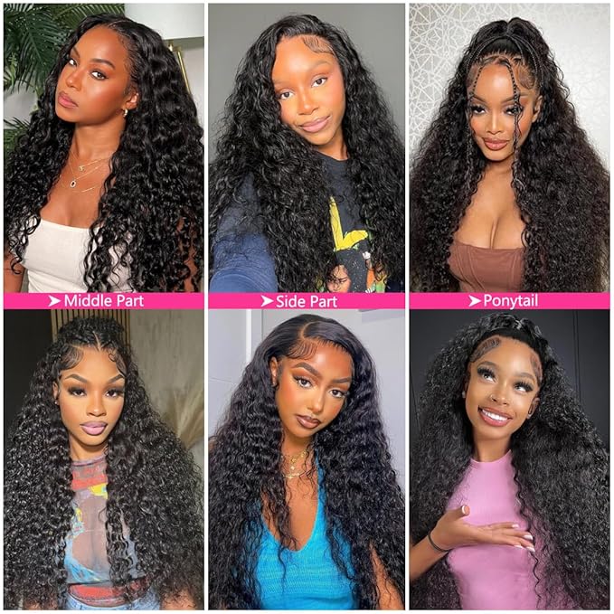 26 Inch 13×6 HD Lace Front Wigs Human Hair Water Wave 200 Density Lace Frontal Wigs Pre Plucked Deep Curly Human Hair Wig for Women Natural Black