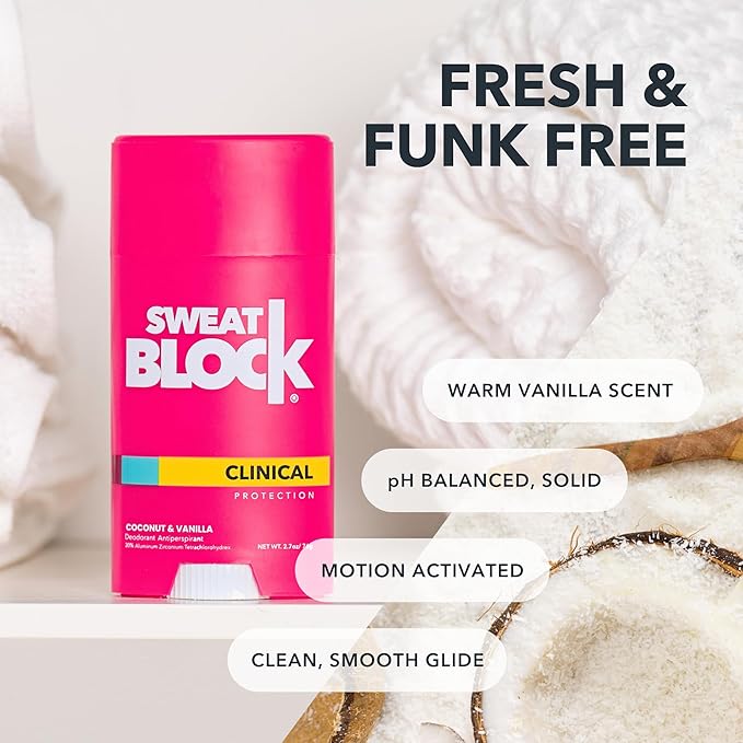 SweatBlock Antiperspirant Deodorant System | MAXIMUM CLINICAL STRENGTH for Men & Women | Hyperhidrosis Aid for up to 7 Days Sweat Control | Roll On 1.2 fl oz + Coconut & Vanilla Deo Stick 2.7oz