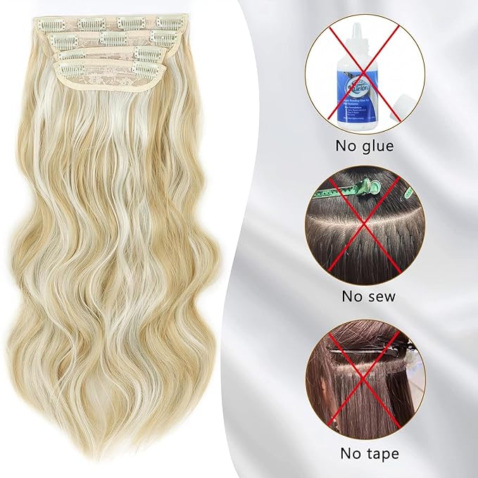 4pcs Highlights Clip in Synthetic Hair Extension for Women Dark Ash Blonde Mixed Bleach Blonde Long Wavy Natural Hairpieces 20 Inch Double Weft Hairpieces Full Head For Women (20INCH, P86/613)