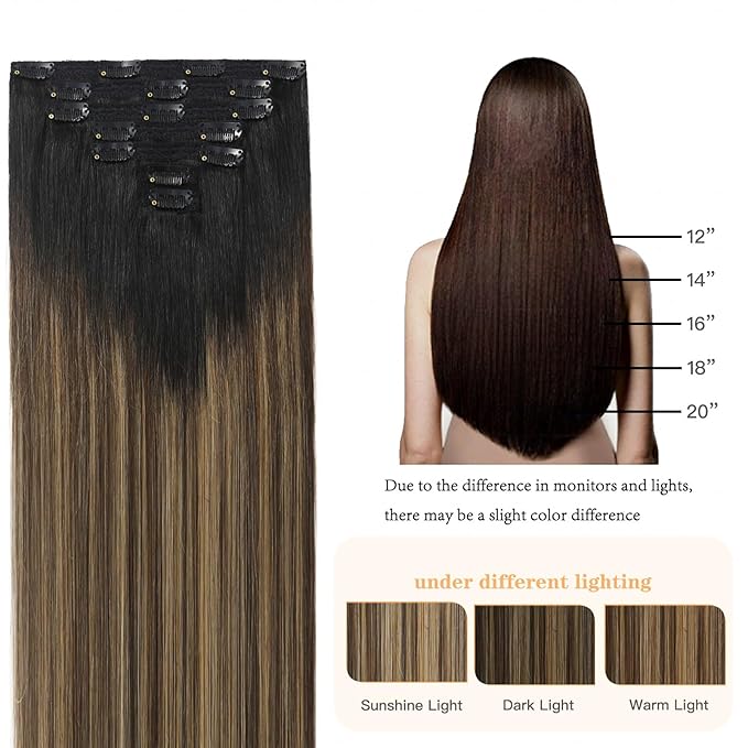 Balayage Clip-in Hair Extensions - Natural Black to Chocolate Brown Mix, Caramel Blonde - Real Human Hair Ombre - Clip Ins for Women - 14 inch, 7pcs, 105g