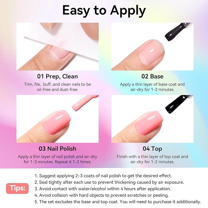 Regular Nail Polish Set 6 Rainbow Colors Pink Coral Mint Sky Blue Lavender & Azure Nail Polishes, Quick Dry, Non Gel, Opaque, Rich in Castor Oil, Nail Art DIY at Home Manicure Gift for Women