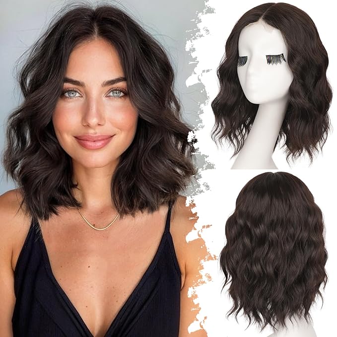 Dark Chocolate Brown Short Wavy Wig for Women Lace Hairline Bob Style Synthetic Heat Resistant - Natural Appearance for Everyday Hairstyle 14 Inch