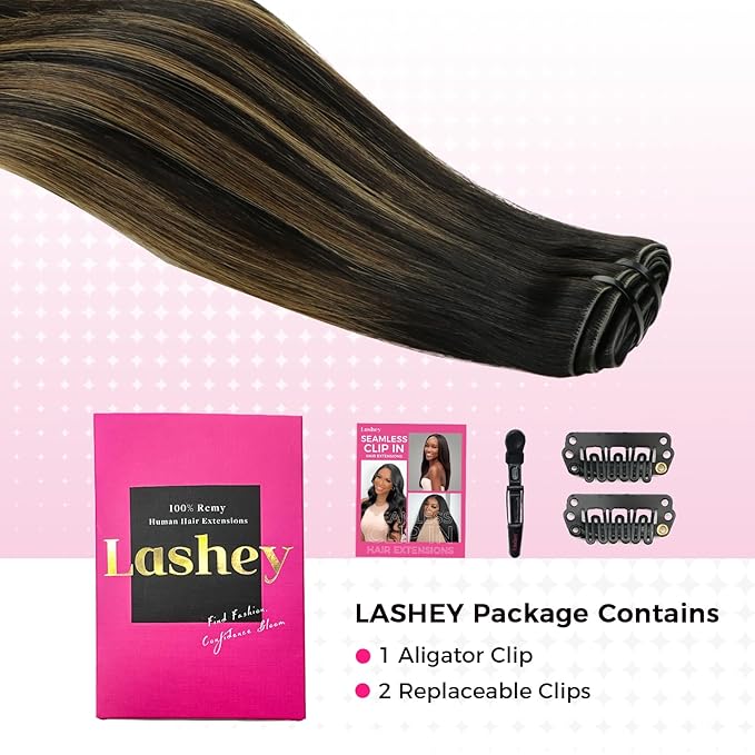 Lashey Invisi Edge Clip in Hair Extensions 16 Inch 110g 7pcs Injected Seamless PU Clip in Hair Extensions Virgin Human Hair, Natural Black Mixed Chestnut Brown Straight Hair