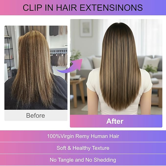 Clip in Hair Extensions Real Human Hair, 18 Inch 100g, 2p6 Balayage Highlight Chestnut Brown, Invisible Seamless Straight Remy Human Hair Clip in Extensions for Women 8pcs Per Set with Double Weft