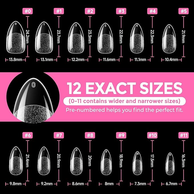UNA GELLA Almond Nail Tips, 216pcs Pointed Almond Gel Nail Tips Pre-shape Half Matte Full Cover Clear Acrylic Soft Gel Fake Nails for Nail Extension Nail Art 12 Sizes