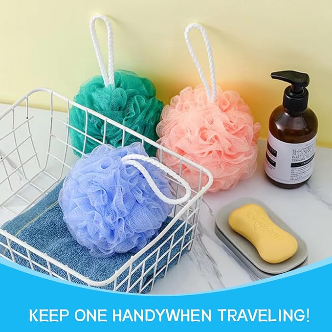 Loofah Sponge Shower Loofahs Bath Sponges Mesh Balls for Women Men Bathing Accessories Body Wash Back Scrubber 50g Soft Pouf Body Scrubber Loofahs Puff Pack, Exfoliate, Cleanse, Soothe Skin (6 Colors)