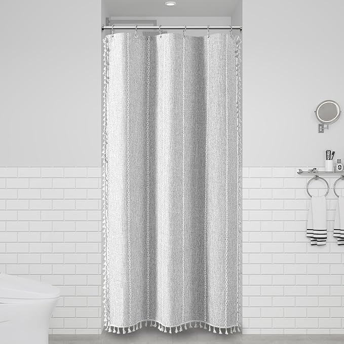 BTTN Boho Farmhouse Shower Curtain - Linen Rustic Heavy Duty Striped Fabric Shower Curtain Set with Tassel, Bohemian Vintage Country Cloth Shower Curtains for Bathroom,Grey,36" W x 72" L (Pack of 1)