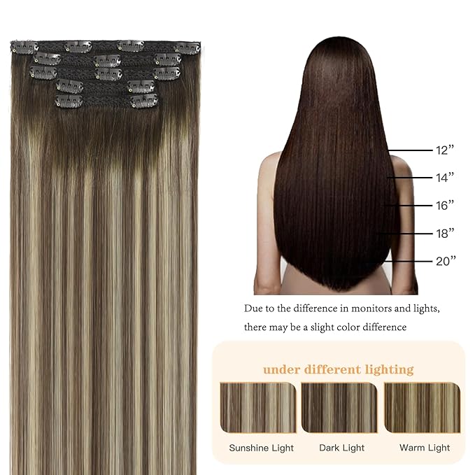 Lace Clip In Extensions Real Human Hair Balayage Walnut Brown to Ash Brown Mix Light Blonde Ombre Remy Hair Exteions 5 Pcs Double Weft Clip on Hair Extensions 12Inch 80g