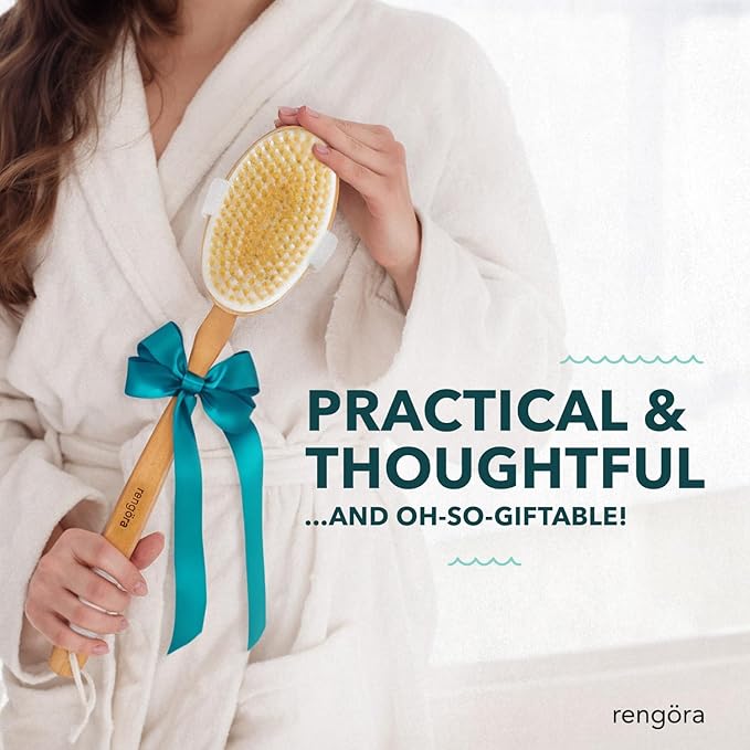 Back Scrubber for Shower - 20" Long Handle Shower Brush - Natural Bristle Back Brush - Ergonomic Handle + Silicone Anti-Slip Grip - Great Gift Idea - Men, Women + Elderly Love This (Firm Bristles)