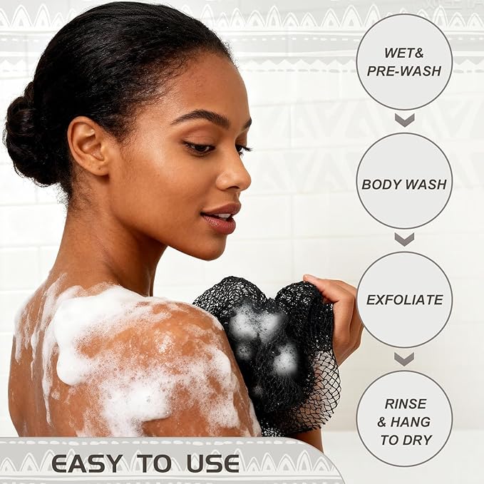 African Net Sponge Authentic, Loofah Exfoliating Body Scrubber Bath Sponge, African Exfoliating Net Sponge Back Scrubber Washcloth for Shower, Body Care Bathing Accessories (Black)