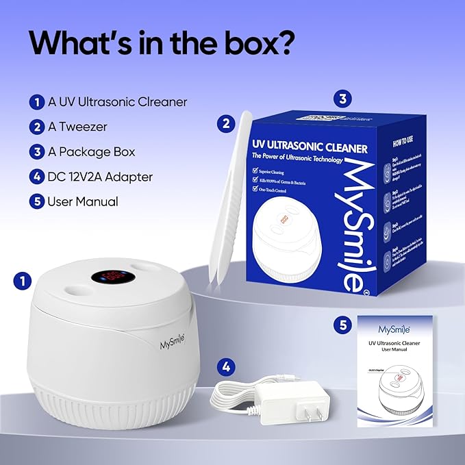 MySmile Dental Ultrasonic Retainer Cleaner Machine- 45kHz UV Denture Cleaner with 200ML Capacity for Aligner, Braces, Mouth Guard, Night Guard, Portable Dental Cleaning Pod with Digital Timer (White)