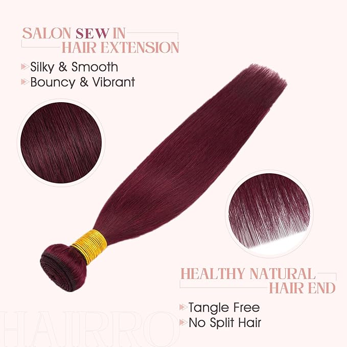 Hairro Sew in Hair Extensions Real Human Hair, 100g/bundle Weave Weft for Women Adding Volume and Length, for DIY Beauty Dating Party, 16 Inch One Bundle Straight #99J Wine Red