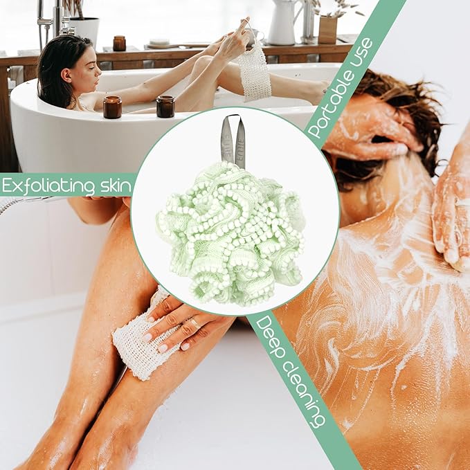 Loofah, Shower Bath Spong, Soft Shower Loofahs Balls, Globose lace Shower Ball, for Body Wash Scrubber Cleaning Loofah Bathroom Accessories (2Pcs) (Green)
