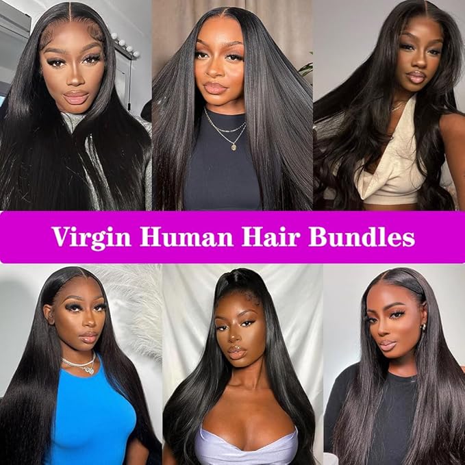 Straight Bundles Human Hair 14 16 18 Inches Natural Black Color Brazilian Raw Straight Human Hair Weave Bundles 100% Unprocessed Hair Bundles 12A Straight Hair Bundles