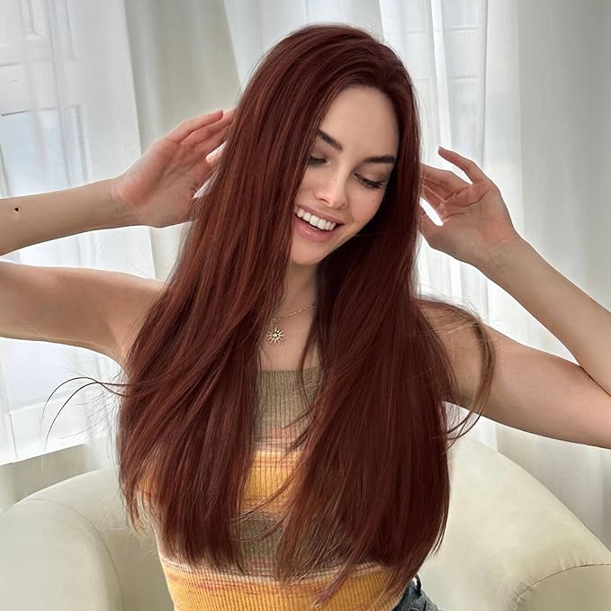 Hair Extension Clips Straight Invisible 18 Inch Long Thick Synthetic Clip in Extensions 5PCS Soft and Beautiful Copper Red Hairpieces Heat Resistant for Women Weddings Party Daily Use 6.5 Oz