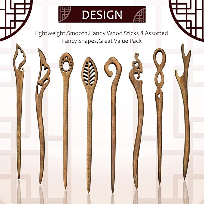 Chuangdi 8 Pieces Wooden Hair Sticks Japanese Hair Chopstick for Women Bun Maker, Chinese Chopstick Hairpin for Women Handmade Chignon Maker Accessories(Classic Pattern)