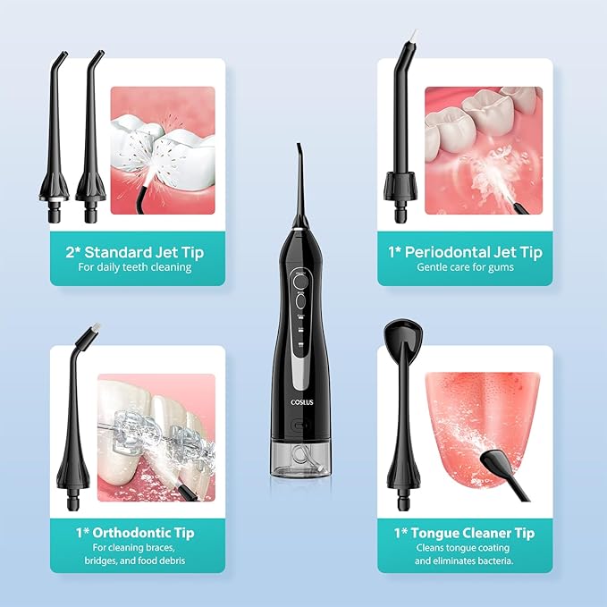 COSLUS Water Dental Flosser Teeth Pick: Portable Cordless Oral Irrigator 300ML Rechargeable Travel Irrigation Cleaner IPX7 Waterproof Electric Flossing Machine for Teeth Cleaning C20(F5020E)