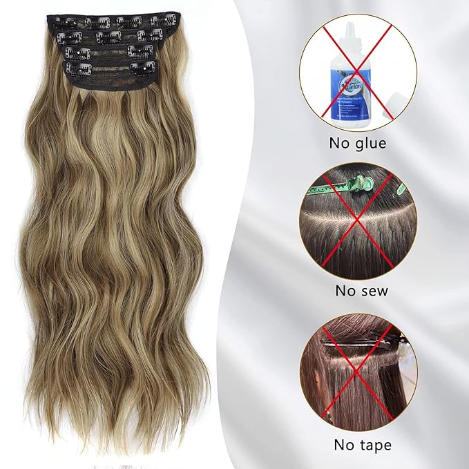 20 Inch Long Wavy Hair Extensions Honey Blonde Mixed Light Brown 4PCS Synthetic Long Clip in Hair Extensions for Women Full Head Not Tangled Natural Soft Thick Hair (20INCH, 22H10)