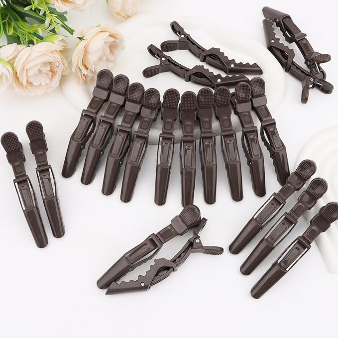24 Pack Alligator Hair Clips for Styling, Sectioning Crocodile hair Clips Professional Barber Accessories for Salon of Thick Curly Volume Hair (Dark Brown)