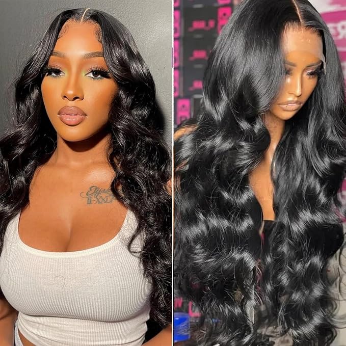13x6 Body Wave Lace Front Wigs Human Hair Pre Plucked 200% Density HD Transparent Lace Frontal Wigs Human Hair With Baby Hair Natural Black 20 Inch
