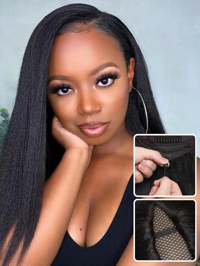 Nadula EasiContour V Part Yaki Straight Human Hair No Leave Out Clip in V-part Wig,12A Glueless Upgrade U Part Light Kinky Straight Human Hair Wig 180% Density with Elastic Drawstring 18inch