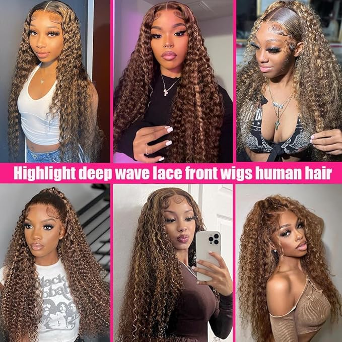 28 Inch Highlight Ombre Lace Front Wig Human Hair Deep Wave 13x6 HD Lace Frontal Wigs Human Hair P4/27 Colored Curly Wigs for Women Human Hair Glueless Pre Plucked Wig 180% Density